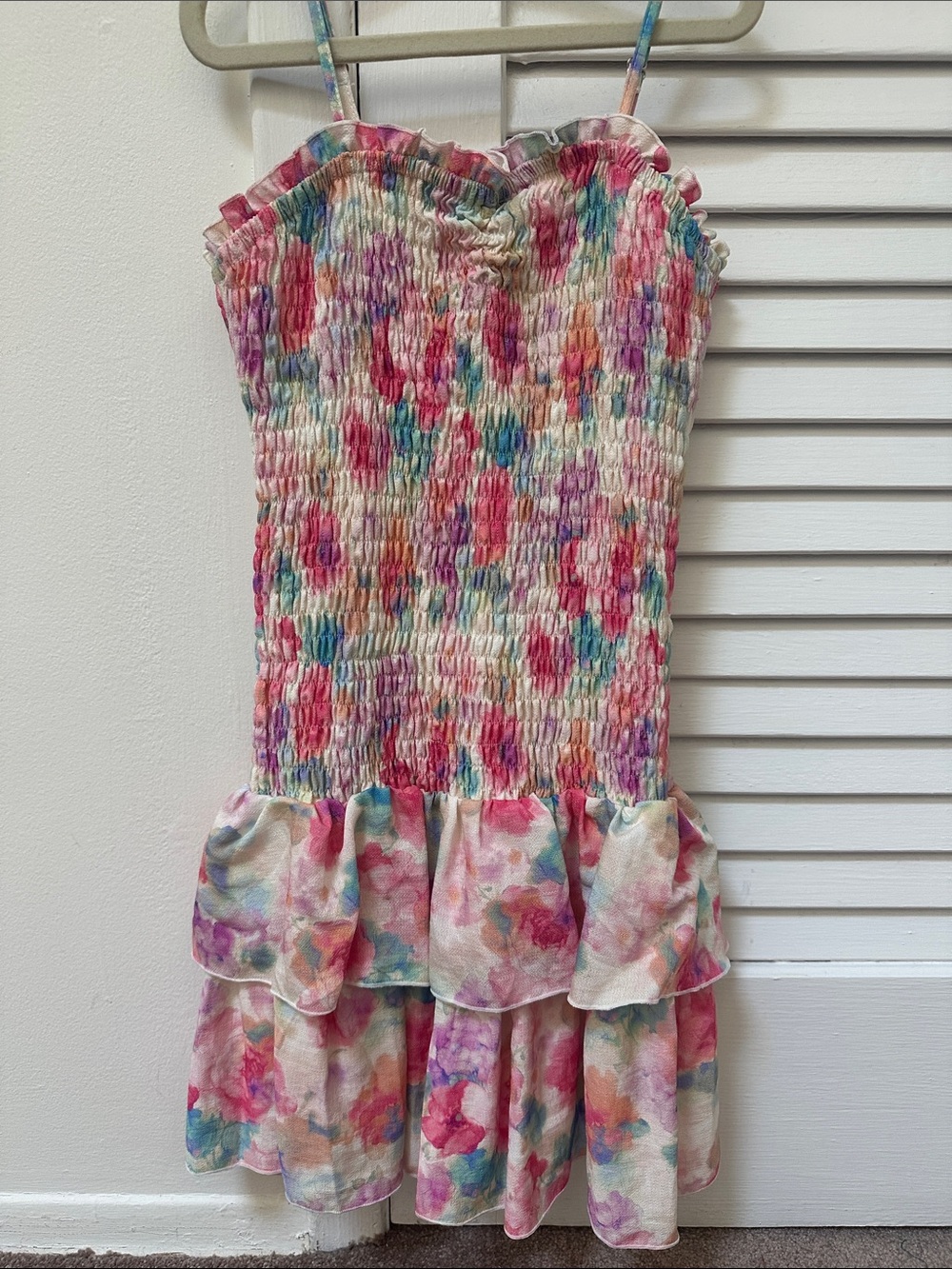 Flowers by Zoe Pink Multi Watercolor Smocked Ruffle Dress